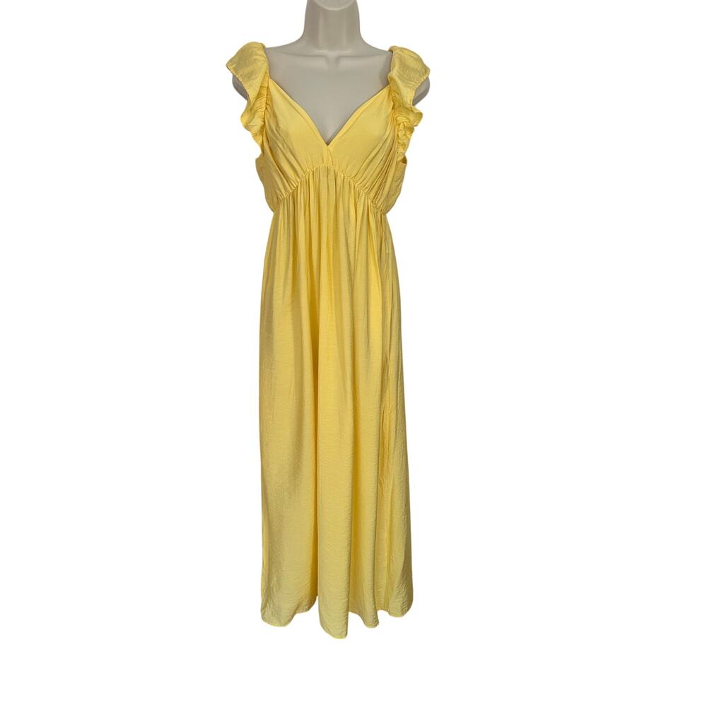 Vero Moda Dress Maxi Butter Yellow Ruffle Sleeve V Neck Tie Back Women's Medium